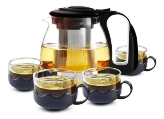 Sets Tetera De Vidrio Infusión Té Con Filtro Acero + 4 Tazas Negro