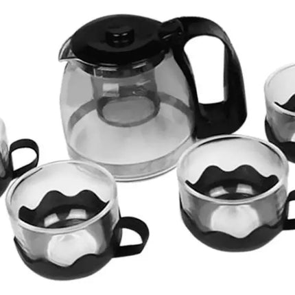 Sets Tetera De Vidrio Infusión Té Con Filtro Acero + 4 Tazas Negro
