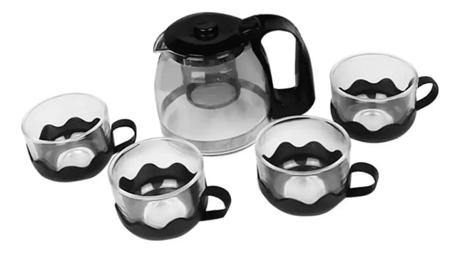 Sets Tetera De Vidrio Infusión Té Con Filtro Acero + 4 Tazas Negro
