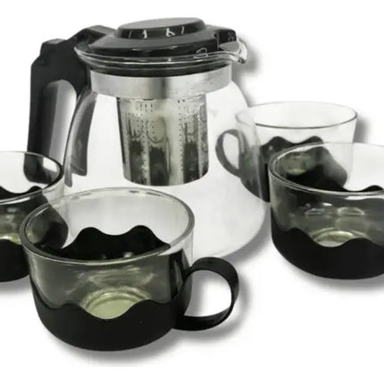 Sets Tetera De Vidrio Infusión Té Con Filtro Acero + 4 Tazas Negro