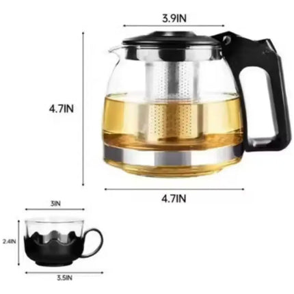 Sets Tetera De Vidrio Infusión Té Con Filtro Acero + 4 Tazas Negro