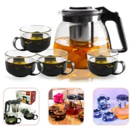 Sets Tetera De Vidrio Infusión Té Con Filtro Acero + 4 Tazas Negro