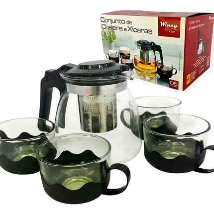 Kit De Tetera Con Infusor De Té, 4 Tazas De Vidrio Negro