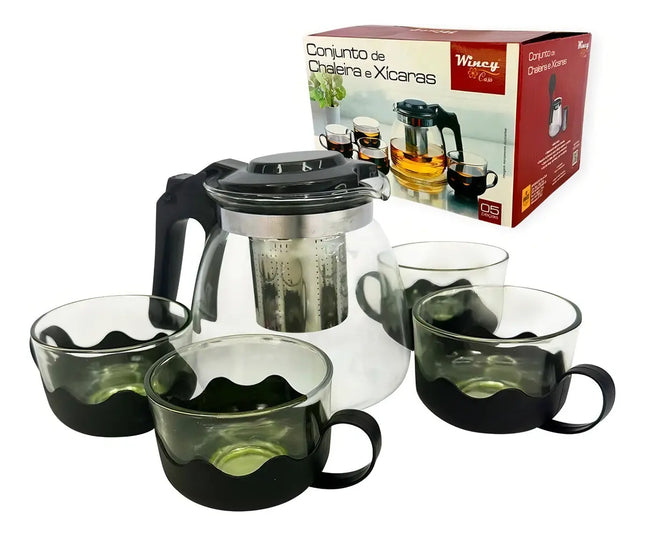 Kit De Tetera Con Infusor De Té, 4 Tazas De Vidrio Negro
