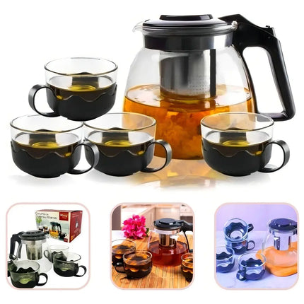 Kit De Tetera Con Infusor De Té, 4 Tazas De Vidrio Negro