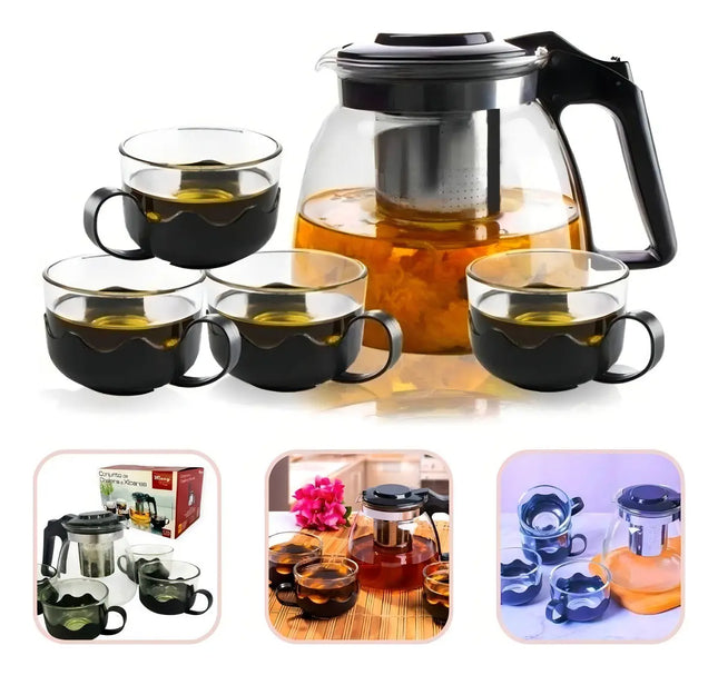 Kit De Tetera Con Infusor De Té, 4 Tazas De Vidrio Negro