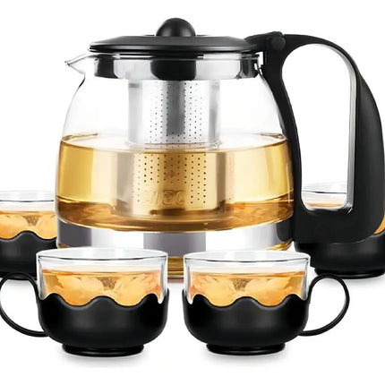 Kit De Tetera Con Infusor De Té, 4 Tazas De Vidrio Negro