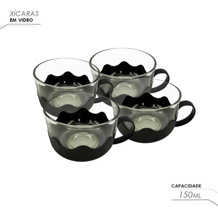 Kit De Tetera Con Infusor De Té, 4 Tazas De Vidrio Negro