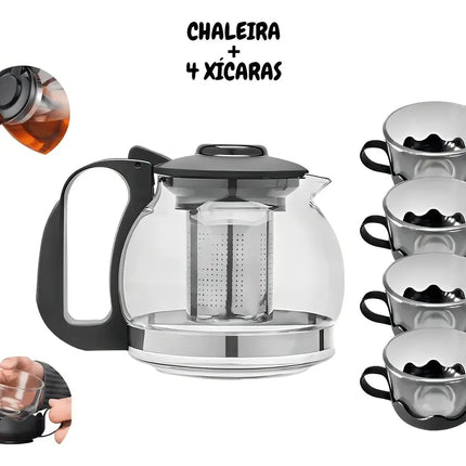 Kit De Tetera Con Infusor De Té, 4 Tazas De Vidrio Negro