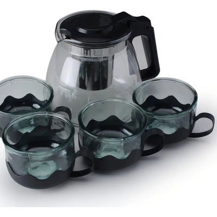 Kit De Tetera Con Infusor De Té, 4 Tazas De Vidrio Negro