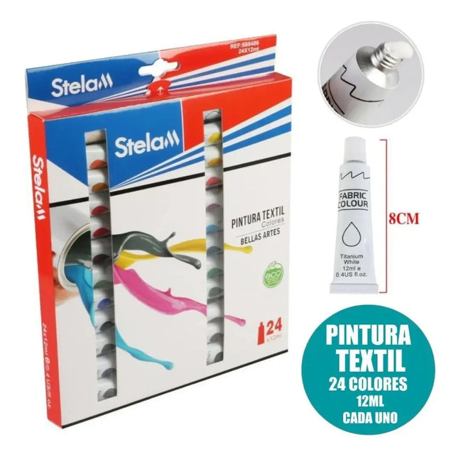 Set De Pintura Para Tela 24 Colores Distintos Pomo De 12ml Blanco
