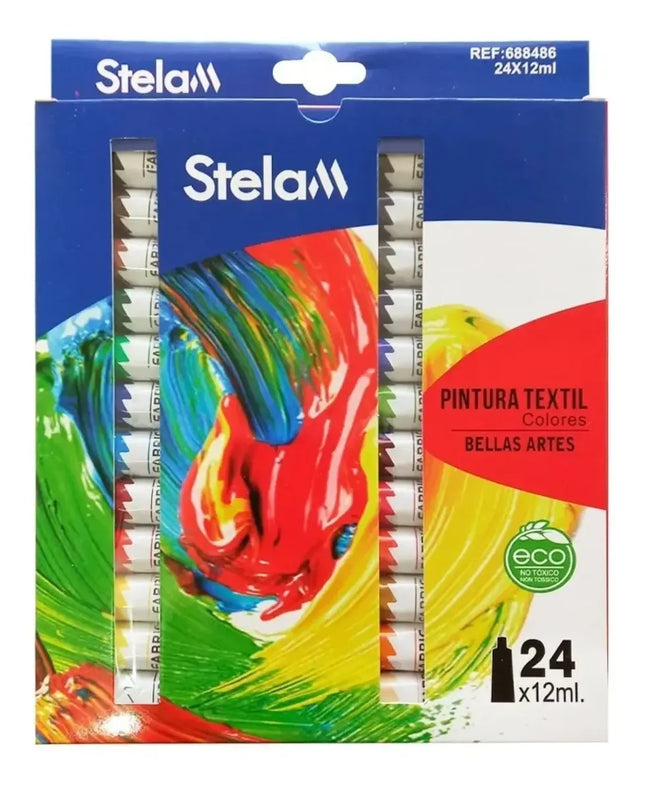Set De Pintura Para Tela 24 Colores Distintos Pomo De 12ml Blanco