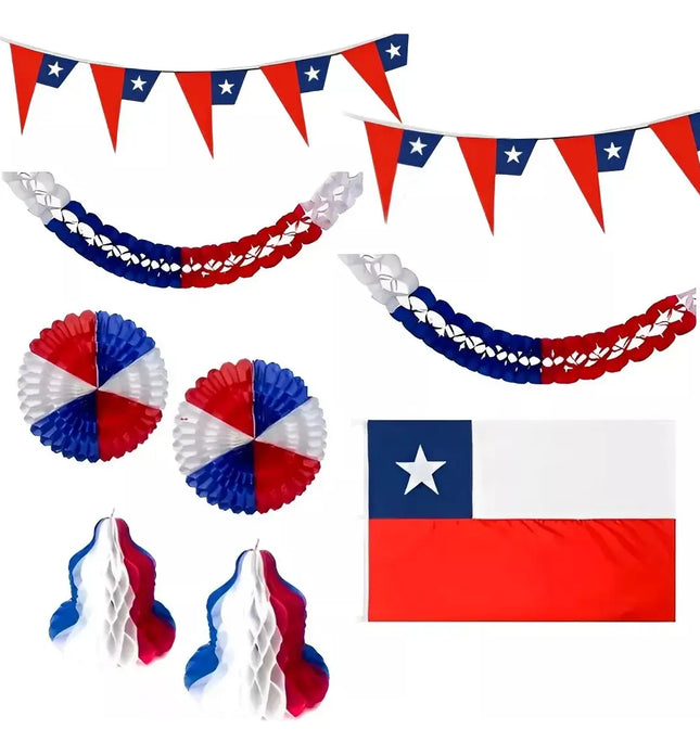 Pack Decorativo Fiestas Patrias Bandera Guirnaldas Flores 9p Rojo, Blanco y Azul / Bandera chilena / tricolor