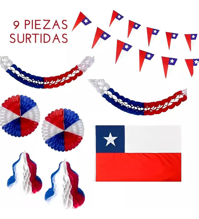 Pack Decorativo Fiestas Patrias Bandera Guirnaldas Flores 9p Rojo, Blanco y Azul / Bandera chilena / tricolor