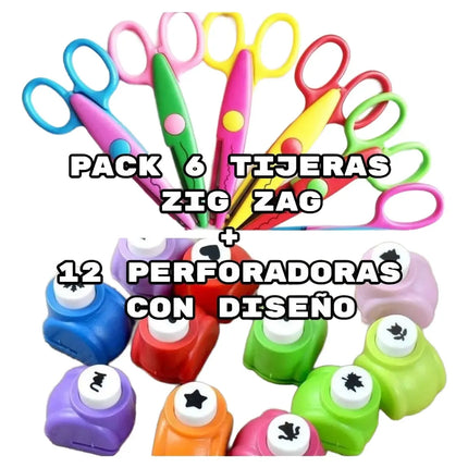 Pack 6 Tijeras Zigzag + 12 Perforadoras Con Diseño