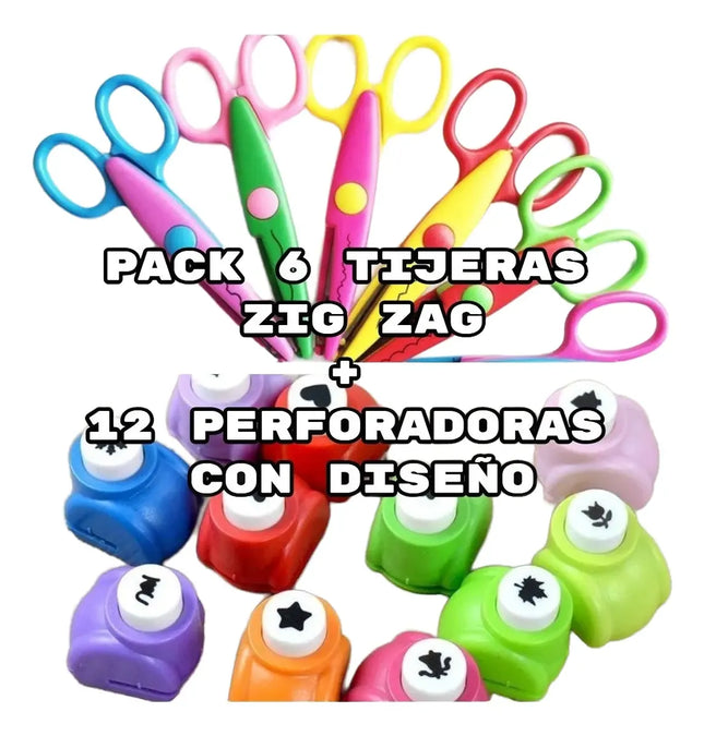 Pack 6 Tijeras Zigzag + 12 Perforadoras Con Diseño
